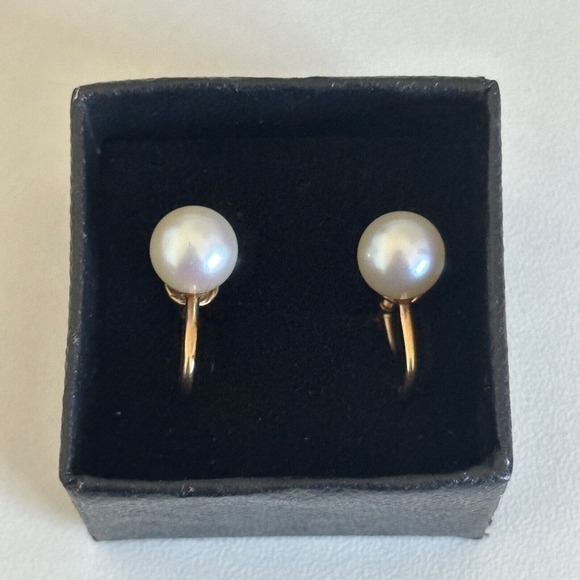 14K Solid Yellow Gold Genuine 7.5MM Pearl Vintage Screw Back Ladies Earrings - Picture 7 of 9